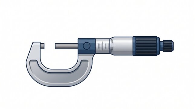 Precision Micrometer Screw Gauge Flat Illustration &ndash; Accurate mechanical measuring instrument with fine spindle and scale, isolated on white background for engineering and metrology.