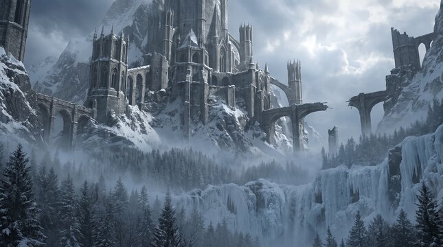 Majestic gothic castle towers over snow covered mountains with frozen waterfalls and broken stone bridges under a dramatic cloudy sky