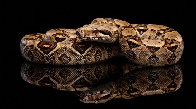 Boa constrictor snake coiled on black reflective background