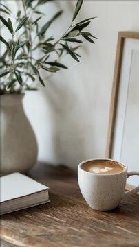 Espresso in coffee cup on wooden table. Indoor setting with white wall and plant in background.