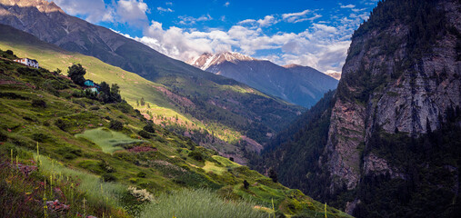 Panoramic View of Remote Chasak Village Perched on Mountain Slopes in Pangi Valley, Himachal Pradesh, India.  © Kunal
