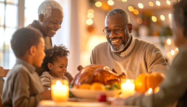 Happy multi-generational African American family enjoying Thanksgiving dinner together around a table with a roasted turkey.