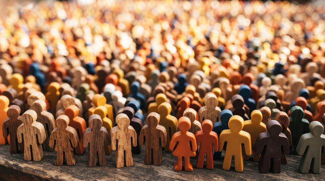 Large crowd of diverse miniature human figures standing together, representing population, community, and demographics.