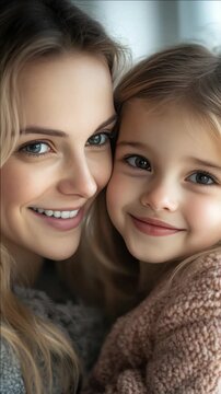Warm smile shared between mother and young child. Soft lighting highlights tender, affectionate moment. Child's eyes reflect joy and closeness to parent
