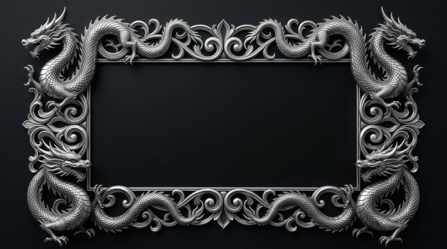 Silver Dragon Ornate Frame with Intricate Scrollwork and Black Background. Vintage Decorative Border Design and Metal
