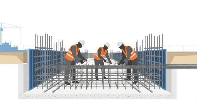 Workers on a construction site are assembling a rebar cage for structural support while wearing safety helmets and vests.
