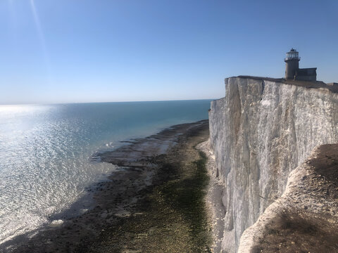 Seven Sisters White Chalk Cliffs and Lighthouse on the English Coast