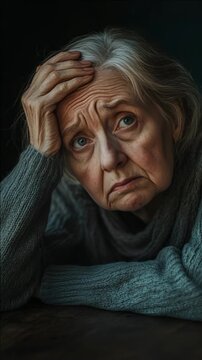 Portrait of a distraught elderly woman with grey hair and wrinkles, looking down with her hand on her chin.
