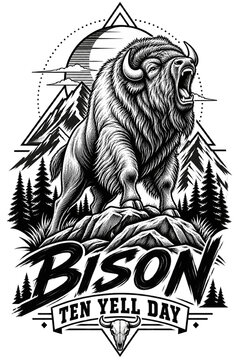 Premium minimalist black and white vector illustration of a roaring American bison created with elegant line art and geometric mountain elements. Modern wildlife apparel graphic featuring clean