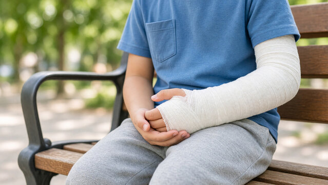 Young boy with broken arm wrapped in white cast sits on a park bench, recovering from injury outdoors