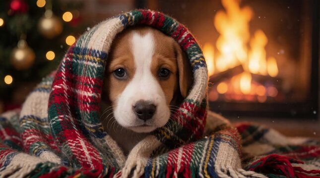 An adorable puppy, with soft brown and white fur, gazes sweetly from beneath a warm plaid blanket, nestled cozily by a crackling fireplace with festive lights in the background