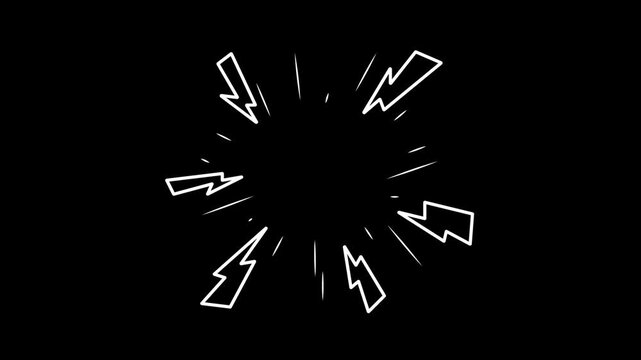 Animated lightning icon, electrical energy symbol, collection of circular lightning symbols, fast-moving electrical hazard symbol, doodle line art style, black background, 4K video.