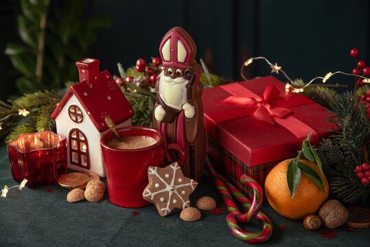 Christmas Gift with Saint Nicholas Chocolate Figure and Holiday Decorations