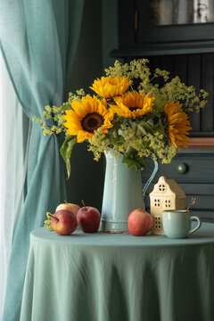 Late Summer to Early Autumn Still Life with Sunflowers and Lady's Mantle Flowers