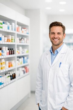 Male pharmacist in white coat smiling in pharmacy aisle for healthcare banner and prescription service background for clinic and drugstore design