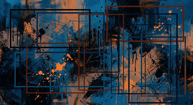 Abstract grunge painting with overlapping geometric rectangle frames, abstract