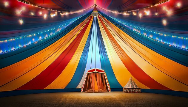 colorful multi colored circus tent background and twinkling lights with space for copy