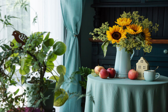 Late Summer to Early Autumn Still Life with Sunflowers and Lady's Mantle Flowers