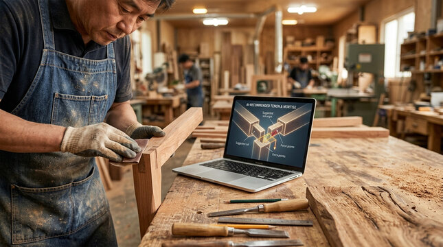 Craftsman sanding wooden joint while using laptop displaying AI recommended tenon and mortise guide