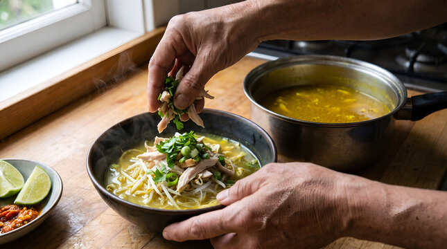 Overhead arrangement of fresh chicken, turmeric, herbs, spices, vermicelli, vegetables and garnishes used to prepare Indonesian soto ayam.