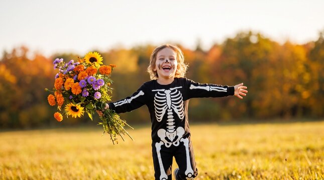 Child dressed as a skeleton holding
flowers, Young white boy in skeleton costume holding bouquet of flowers in autumn field  