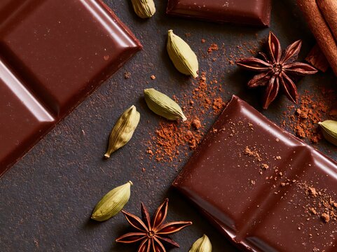Overhead flat lay of chocolate squares with cardamom pods, star anise, and cinnamon sticks arranged on a dark surface for culinary and food photography