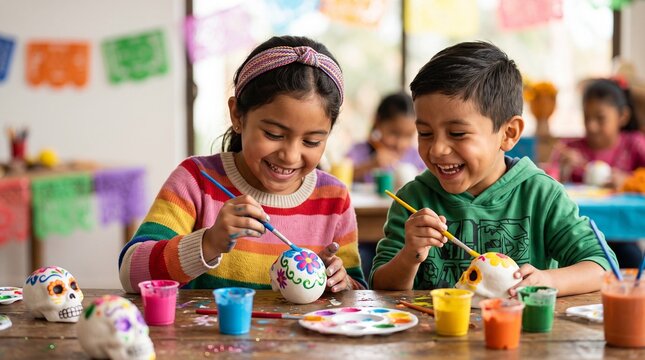 Children painting sugar skulls, Young boy and girl painting skull crafts, smiling in classroom  