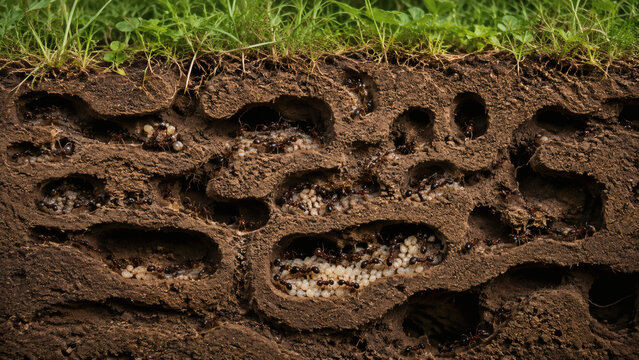 Photorealistic cutaway view of a real underground ant colony beneath an ordinary patch of grass, showing hundreds of ants moving through narrow interconnected tunnels, chambers containing larvae and e