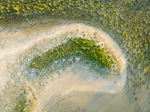 Aerial view of the arid landscape with salt-crusted terrain, sparse green vegetation, and textured ground patterns in Carnamah, Western Australia, Australia.