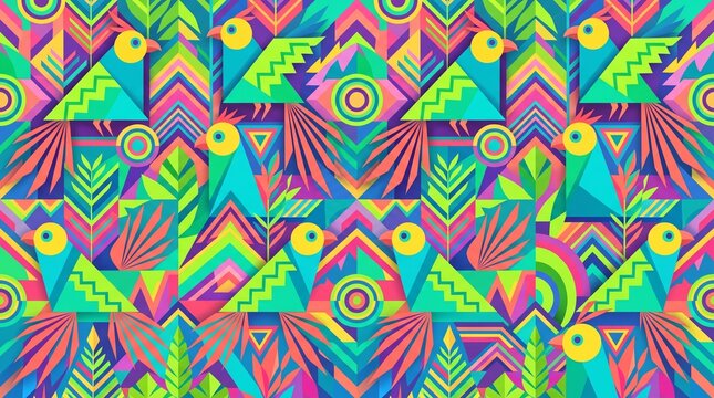 Colorful Geometric Tropical Pattern with Vibrant Shapes.