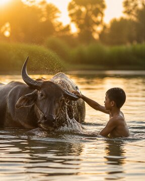 Local man bathing water buffalo in a rural river at sunset. Traditional farming life, cultural heritage, community connection, and authentic countryside lifestyle.