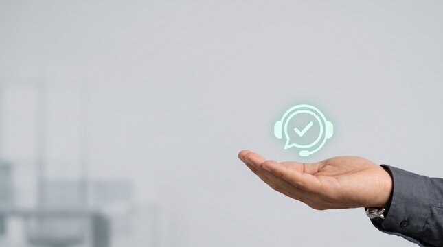 Customer Service Support Concept with Businessman Hand Showing Digital Headset Icon and Verified Checkmark