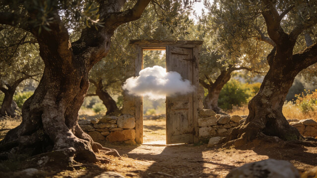 Ancient stone archway framed by gnarled olive trees and a soft cloudy sky