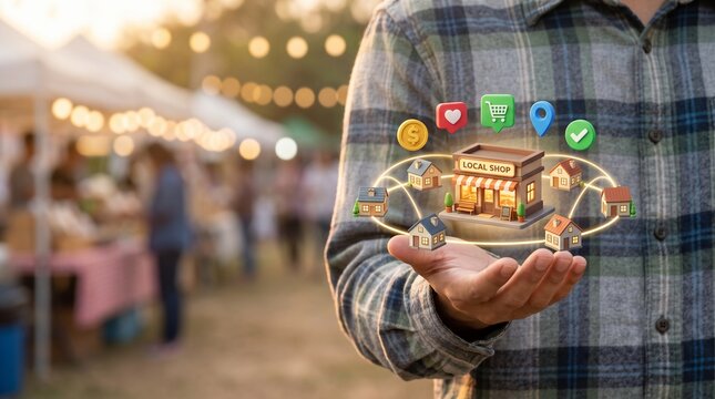 Small Business Concept with Man Hand Showing Digital Storefront Icon and Retail Technology Interface