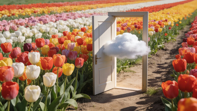 Whimsical open door in vibrant tulip field with floating cloud and dreamy atmosphere
