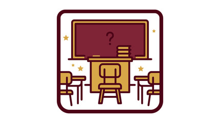 Fototapeta premium Classroom scene with blackboard, desks, chairs and question mark