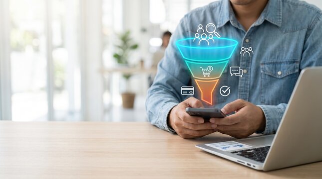 Digital Marketing Funnel Concept with Man Using Smartphone and Business Icons Above Screen at Desk