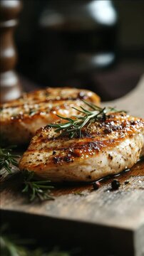 A close-up of a seasoned chicken breast resting on a cutting board after grilling. The skin is golden brown and crispy while the meat remains juicy and tender. Garnished with fresh herbs.