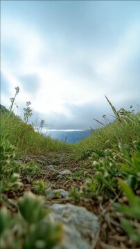 A rocky path leading up a hill with lush greenery, seen through the lens of an Instagram filter. The sky is filled with clouds and hints of sunshine.