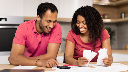 Obraz premium Smiling Mixed Race Couple, Young Adults, Working On Budget Together In Modern Kitchen, Using Calculator And Reviewing Receipts, Engaged In Financial Planning, Business Concept.
