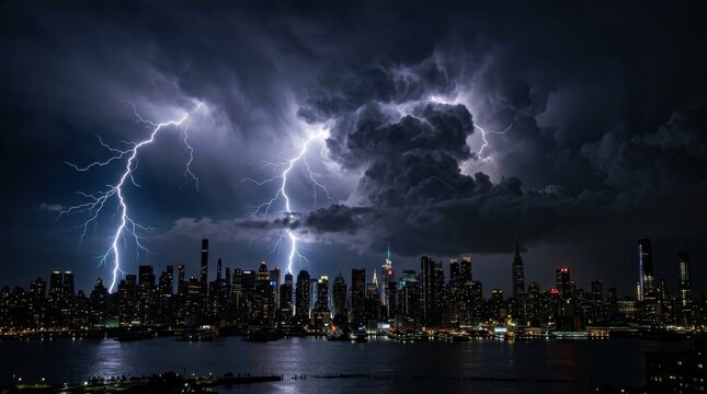 Dramatic lightning storm over a city skyline at night above dark water, with glowing windows and heavy thunderclouds creating a tense urban weather scene for storm alerts and background use