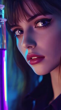 Close-up of a woman's face with glowing purple and blue lighting. Her eyes and lips are softly illuminated by neon hues. She wears subtle makeup and has dark, straight hair