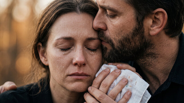 Man kissing a grieving woman on the forehead during a memorial service or funeral.