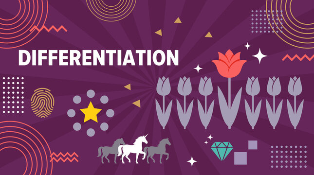 Differentiation concept with unique red tulip among gray flowers, star, unicorn and fingerprint on purple background