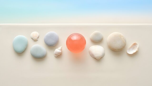 Colorful beach balls and seashells on sandy surface isolated on white background, illustration