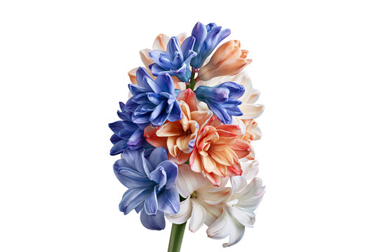 Blue and peach hyacinth flower cluster isolated on white background, botanical beauty concept