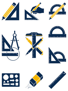 Architecture and Engineering Drafting Geometry Tool Icon Set with Flat Vector Illustrations of Protractor, Ruler, Compass, Pencil, and T Square Drawing Instruments