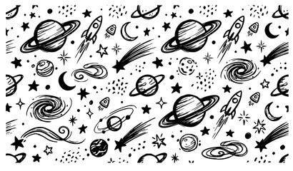 Hand Drawn Space Night Sky Saturn Rocket and Star Brush Ink Vector Pattern © Md Monirul