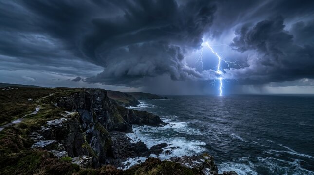 Dramatic lightning strike over dark storm clouds above a rugged sea cliff coastline with rough ocean waves and moody sky, creating a powerful natural weather scene for travel and nature concepts