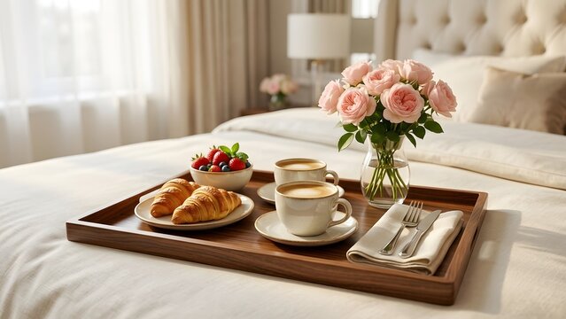 Cozy breakfast tray with pastries, fruit, coffee, and roses on a bed isolated on white background, illustration